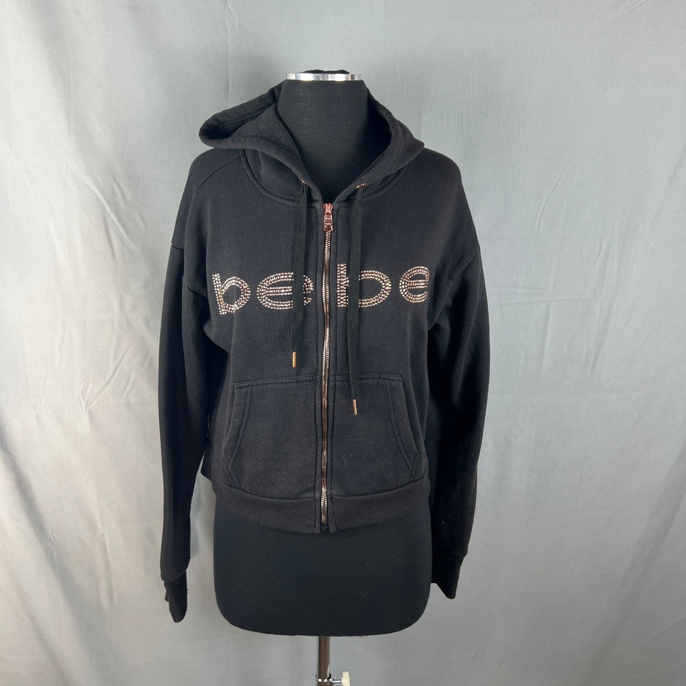 Bebe Sport Full Zip Hoodie Womens Medium Black Rhinestone Logo Fleece Lined Y2k